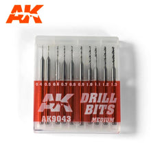 AK Quick Change Drill Bits set of medium 0.4mm to 1.3mm high speed steel bits in a compact sliding case.