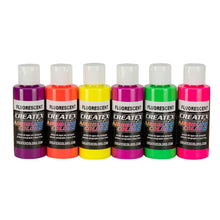 Createx Fluorescent Set with six vibrant 2oz water-based airbrush acrylic colors for fabric and art projects.
