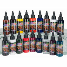 Illustration Color Wheel Set with 16 vibrant colors and 2 additives featuring high pigment, transparent, matte finish airbrush paints.