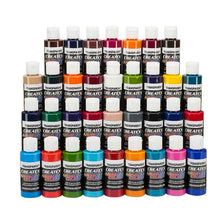 Createx Transparent Set with 34 vibrant 2oz airbrush colors offering semi-opaque coverage for creative projects.