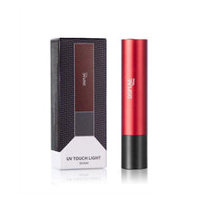 DSPIAE UV Touch Light with 365nm wavelength, 3 lighting modes, 1200mAh battery, and sleek red-black design.