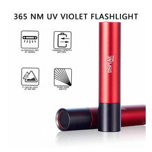 DSPIAE UV Touch Light red and black 365nm flashlight with 1200mAh battery and three lighting modes displayed.