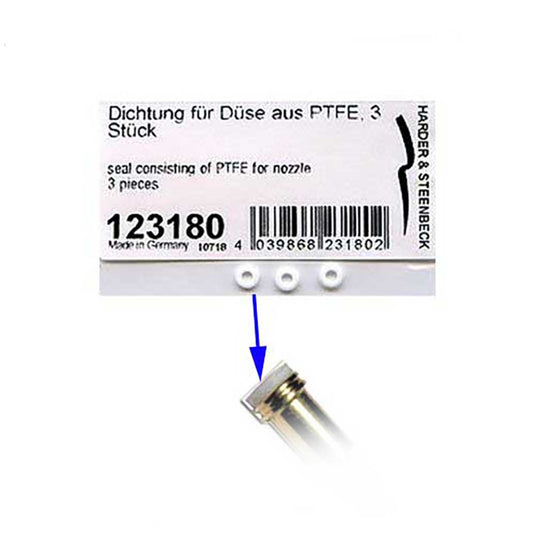 123180 Nozzle Seal Kit featuring three PTFE nozzle seals for Harder & Steenbeck Evolution, Infinity, Ultra, and Grafo Focus series models.