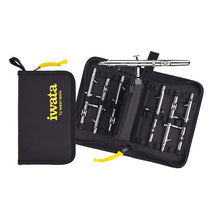 Eclipse BCS: 6 pack showing six Iwata dual-action airbrushes with needles and nozzles in a black zippered storage case.
