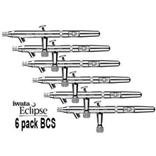 Eclipse BCS 6 pack displaying six iwata Eclipse Series syphon feed dual-action airbrushes with 0.5mm needle and nozzle.