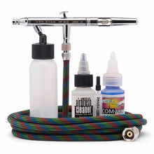 Eclipse HP-BCS Set airbrush with siphon bottle, cleaner, lubricant, and braided hose for detailed painting projects.