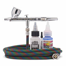Iwata Eclipse HP-CS Set with dual-action airbrush, hose, airbrush cleaner, lubricant, and paint for versatile detailing tasks.
