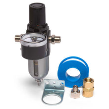 Regulator MOISTURE FILTER with gauge, 5-micron filter, pressure regulator, mounting bracket, and fittings for compressors.