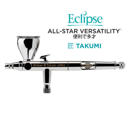TAKUMI Eclipse Side-Feed airbrush with compact balanced design, gravity side feed cup, and versatile trigger system.