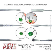 The Army Painter Metal Sculpting Tools stainless steel set with six double-sided tips for miniature modeling and green stuff sculpting.