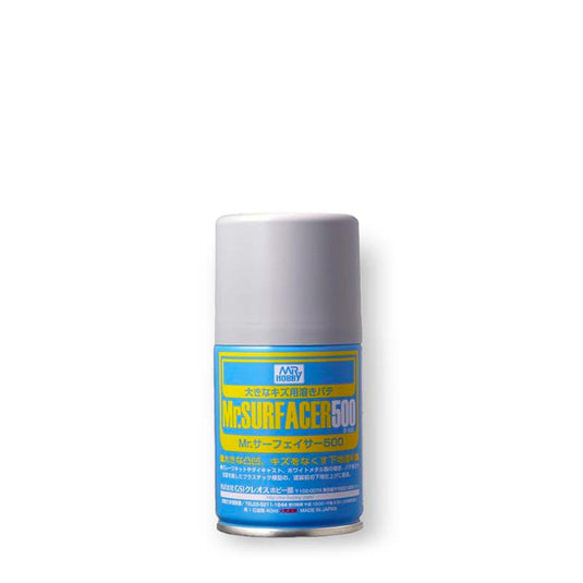 Mr. Surfacer Spray Gray 500 for filling small gaps, seams, and scratches, dries smoothly and is easy to apply.