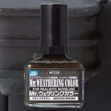 Mr. Weathering Ground Brown bottle for realistic model weathering effects and detailed surface aging.