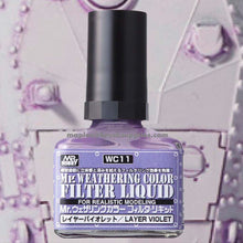Mr. Weathering Filter Liquid Violet bottle with purple liquid for adding realistic shadows and color depth in modeling projects