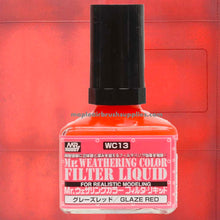 Mr. Weathering Filter Liquid Red enhances depth on red or brown surfaces for realistic weathering effects.