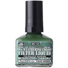 Mr. Weathering Filter Liquid Green bottle with black cap designed for realistic modeling and weathering effects.