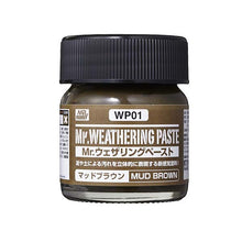 Mr. Weathering Pastel Mud Brown jar with black lid, ideal for model weathering and detailing effects in mud brown shade.