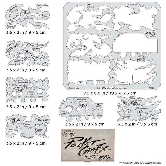 Pocket GraFX Freehand Templates solvent proof stencils set with stainless steel holder for versatile art and hobby designs.