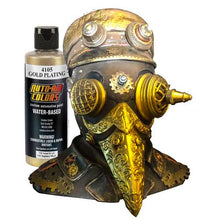 Wicked Gold Chrome showing highly reflective gold plating on a steampunk-style mask with intricate details and gears.