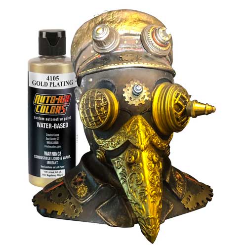 Wicked Gold Chrome showing highly reflective gold plating on a steampunk-style mask with intricate details and gears.