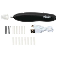 USB Rechargeable Electric Eraser with eraser refills, jackets, and USB cable for illustration and hobby use.