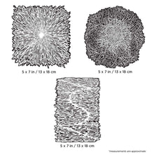 Texture FX2 stencil set showing three natural texture patterns in 5x7 inch templates for organic illustration effects.